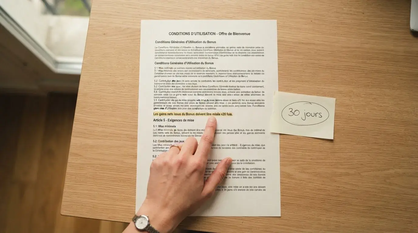 Close-up illustration of bonus terms and conditions text with wagering-requirement figures